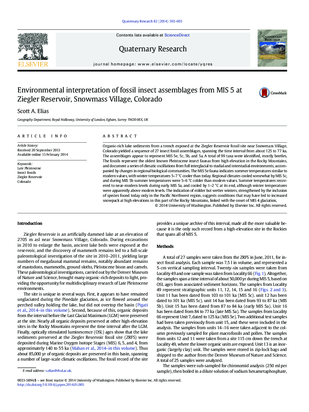 Environmental interpretation of fossil insect assemblages from MIS 5 at Ziegler Reservoir, Snowmass Village, Colorado