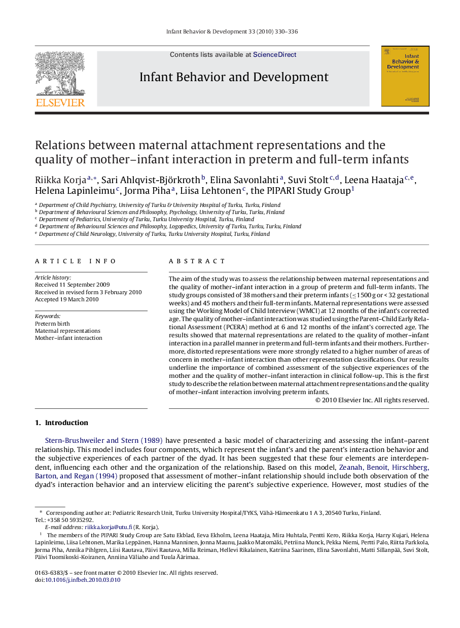 Relations between maternal attachment representations and the quality of mother-infant interaction in preterm and full-term infants