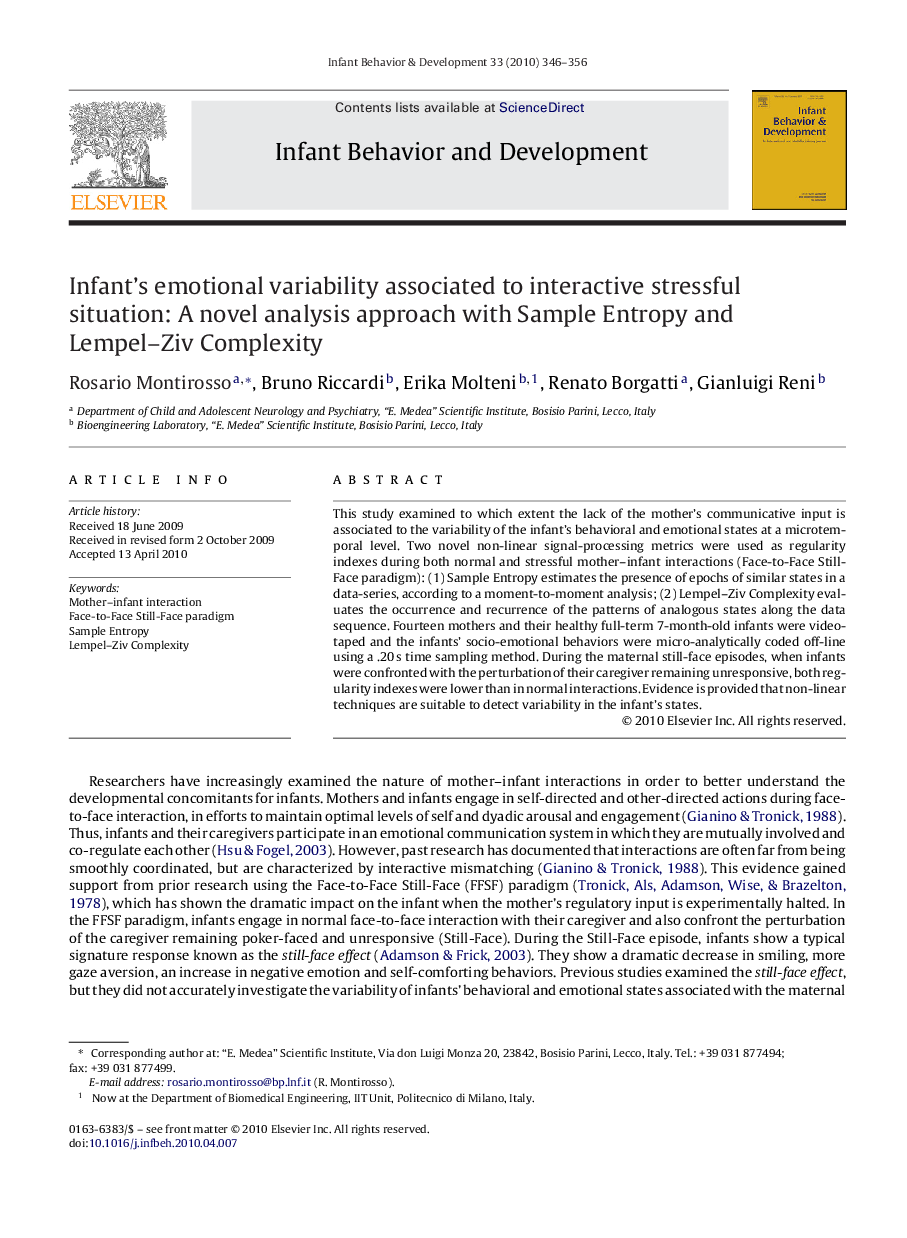 Infant's emotional variability associated to interactive stressful situation: A novel analysis approach with Sample Entropy and Lempel-Ziv Complexity