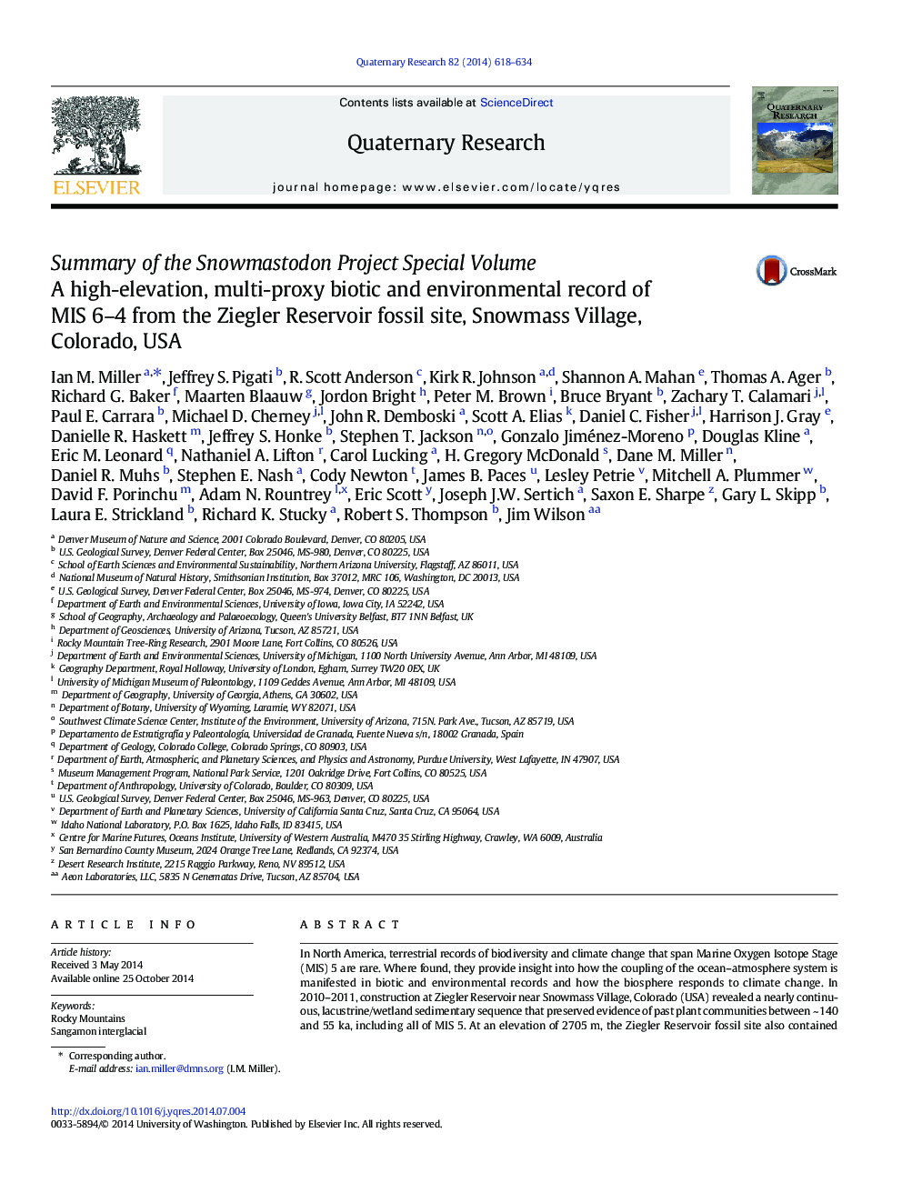 Summary of the Snowmastodon Project Special Volume: A high-elevation, multi-proxy biotic and environmental record of MIS 6–4 from the Ziegler Reservoir fossil site, Snowmass Village, Colorado, USA