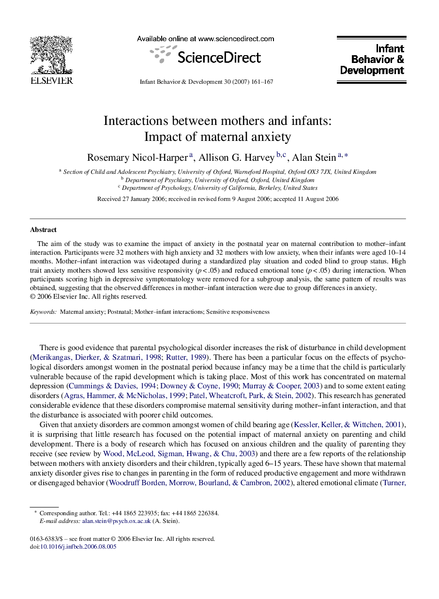 Interactions between mothers and infants: Impact of maternal anxiety