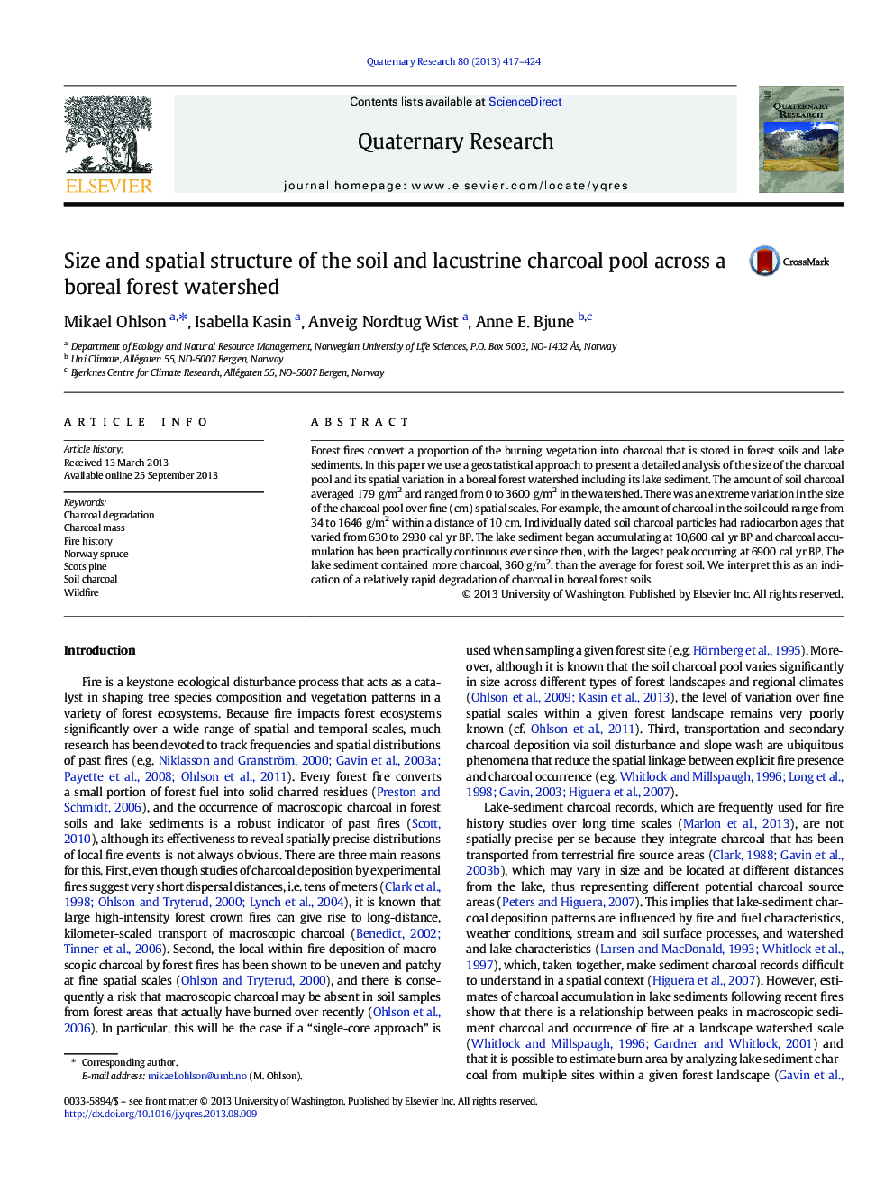 Size and spatial structure of the soil and lacustrine charcoal pool across a boreal forest watershed