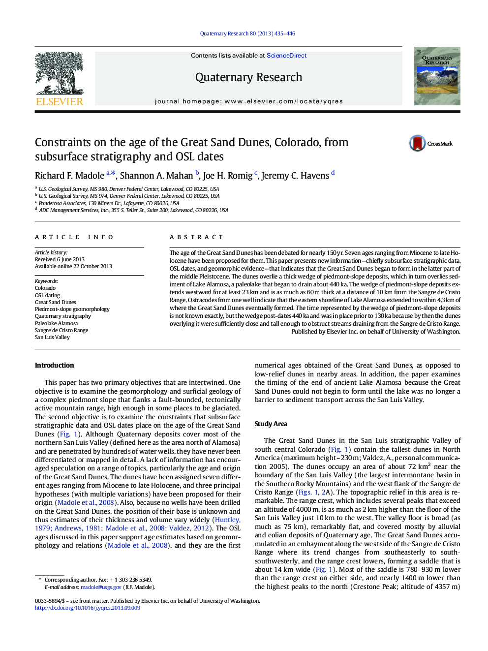 Constraints on the age of the Great Sand Dunes, Colorado, from subsurface stratigraphy and OSL dates