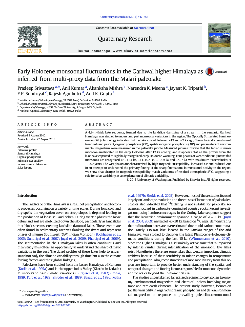 Early Holocene monsoonal fluctuations in the Garhwal higher Himalaya as inferred from multi-proxy data from the Malari paleolake