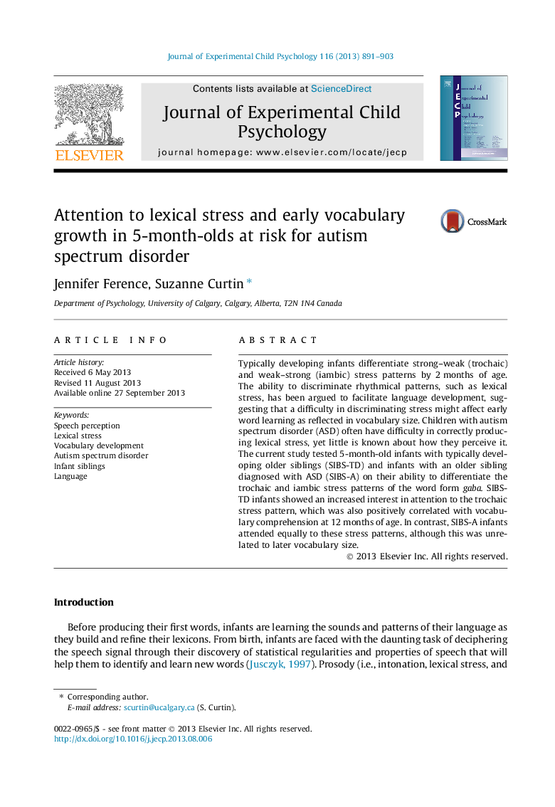 Attention to lexical stress and early vocabulary growth in 5-month-olds at risk for autism spectrum disorder