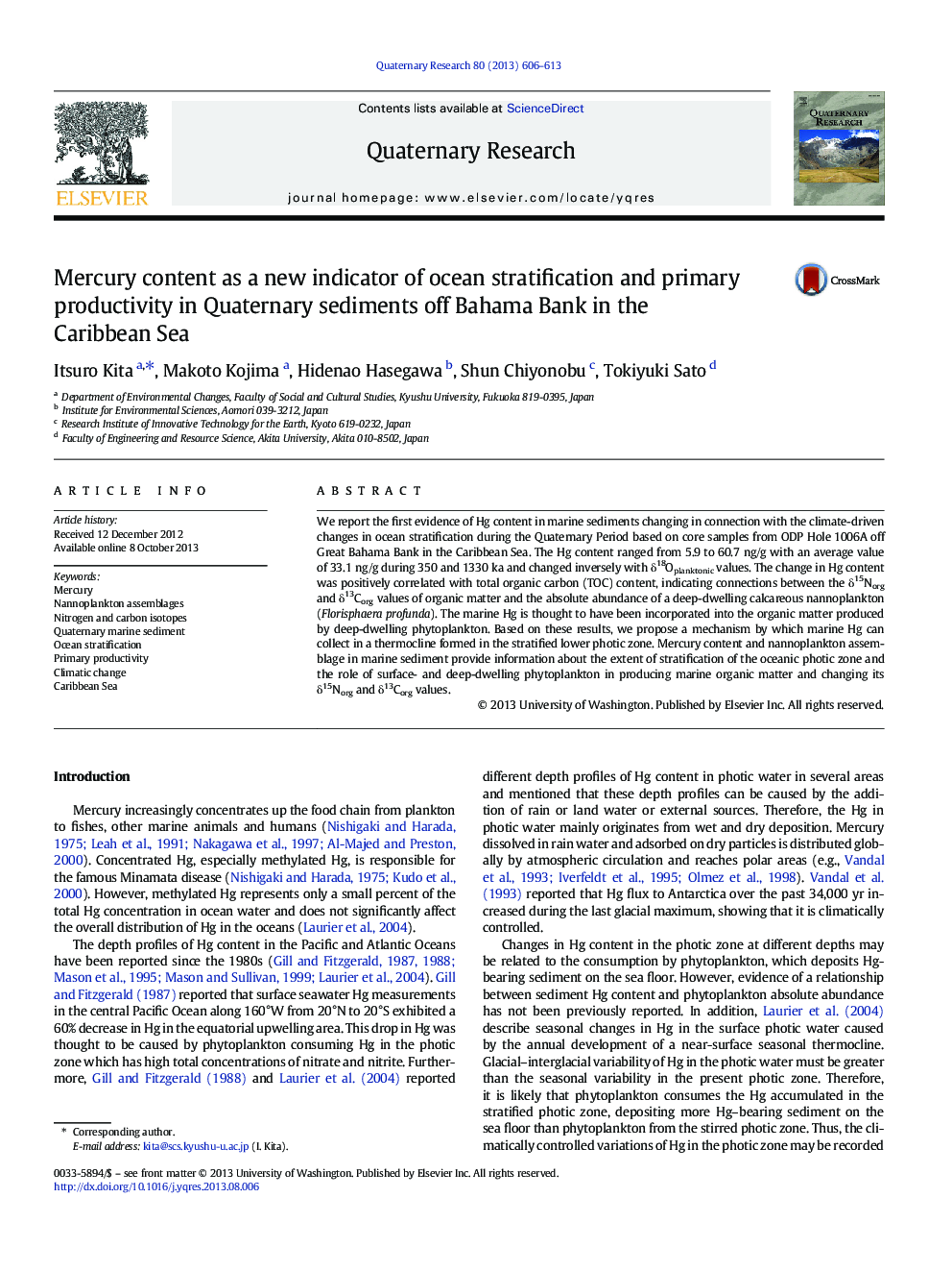 Mercury content as a new indicator of ocean stratification and primary productivity in Quaternary sediments off Bahama Bank in the Caribbean Sea
