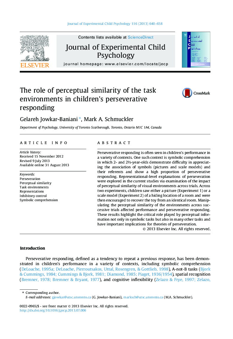 The role of perceptual similarity of the task environments in children's perseverative responding