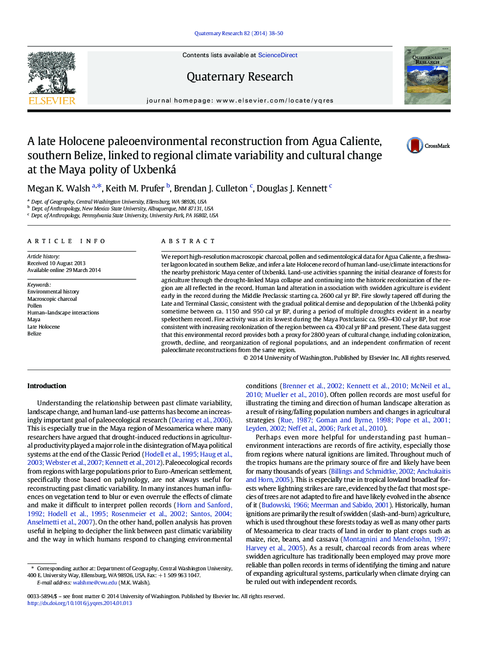 A late Holocene paleoenvironmental reconstruction from Agua Caliente, southern Belize, linked to regional climate variability and cultural change at the Maya polity of Uxbenká