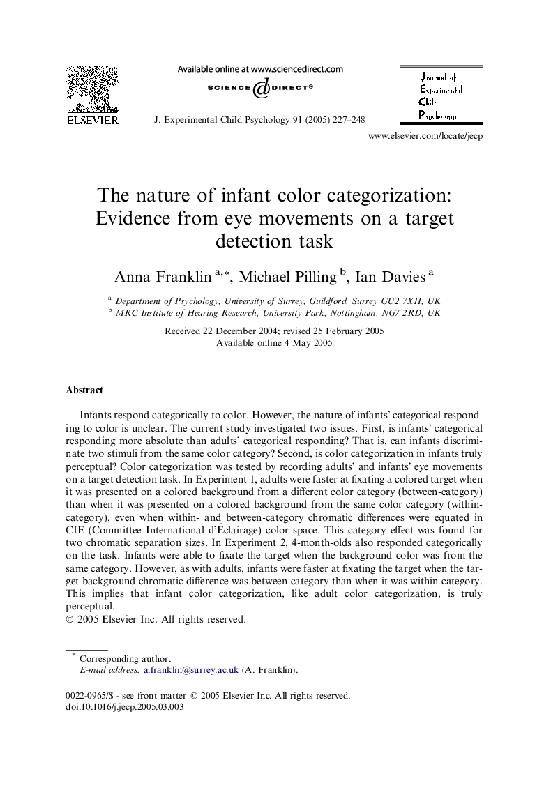 The nature of infant color categorization: Evidence from eye movements on a target detection task