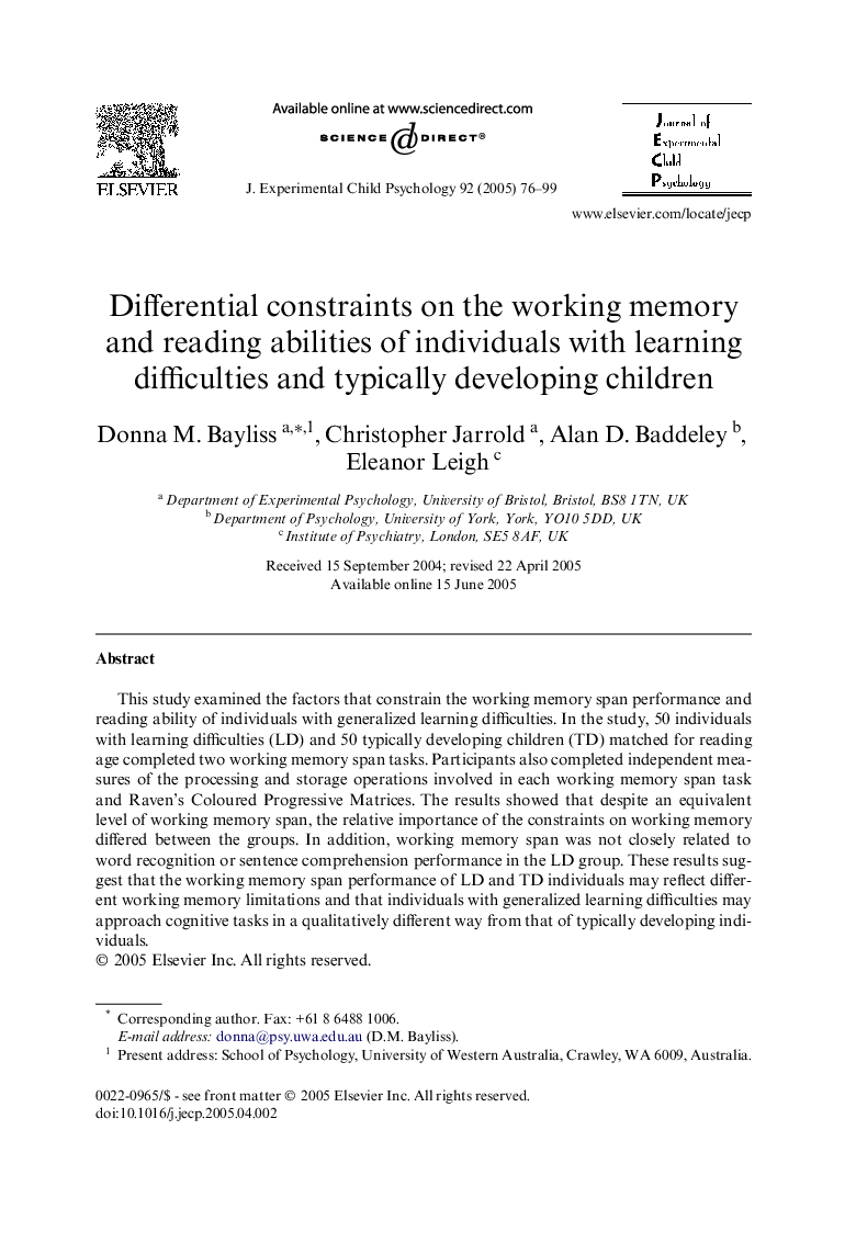 Differential constraints on the working memory and reading abilities of individuals with learning difficulties and typically developing children