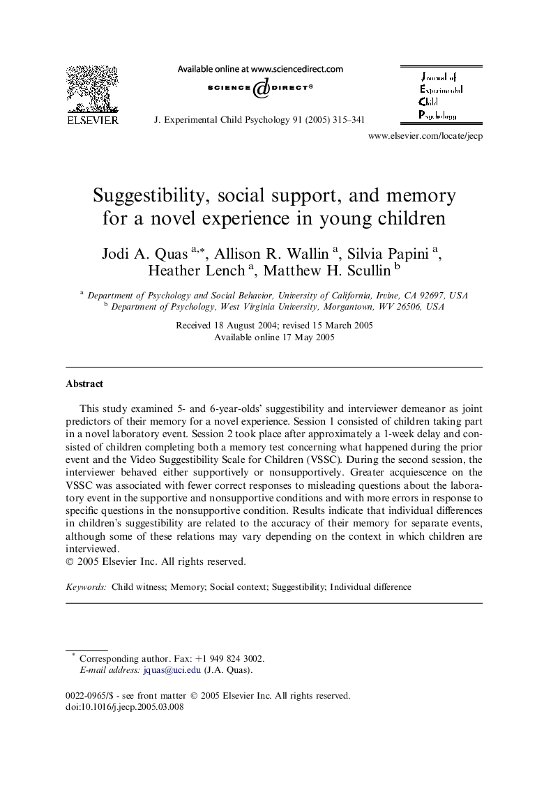 Suggestibility, social support, and memory for a novel experience in young children