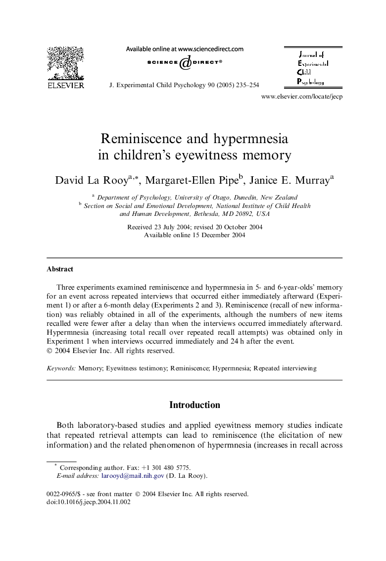 Reminiscence and hypermnesia in children's eyewitness memory