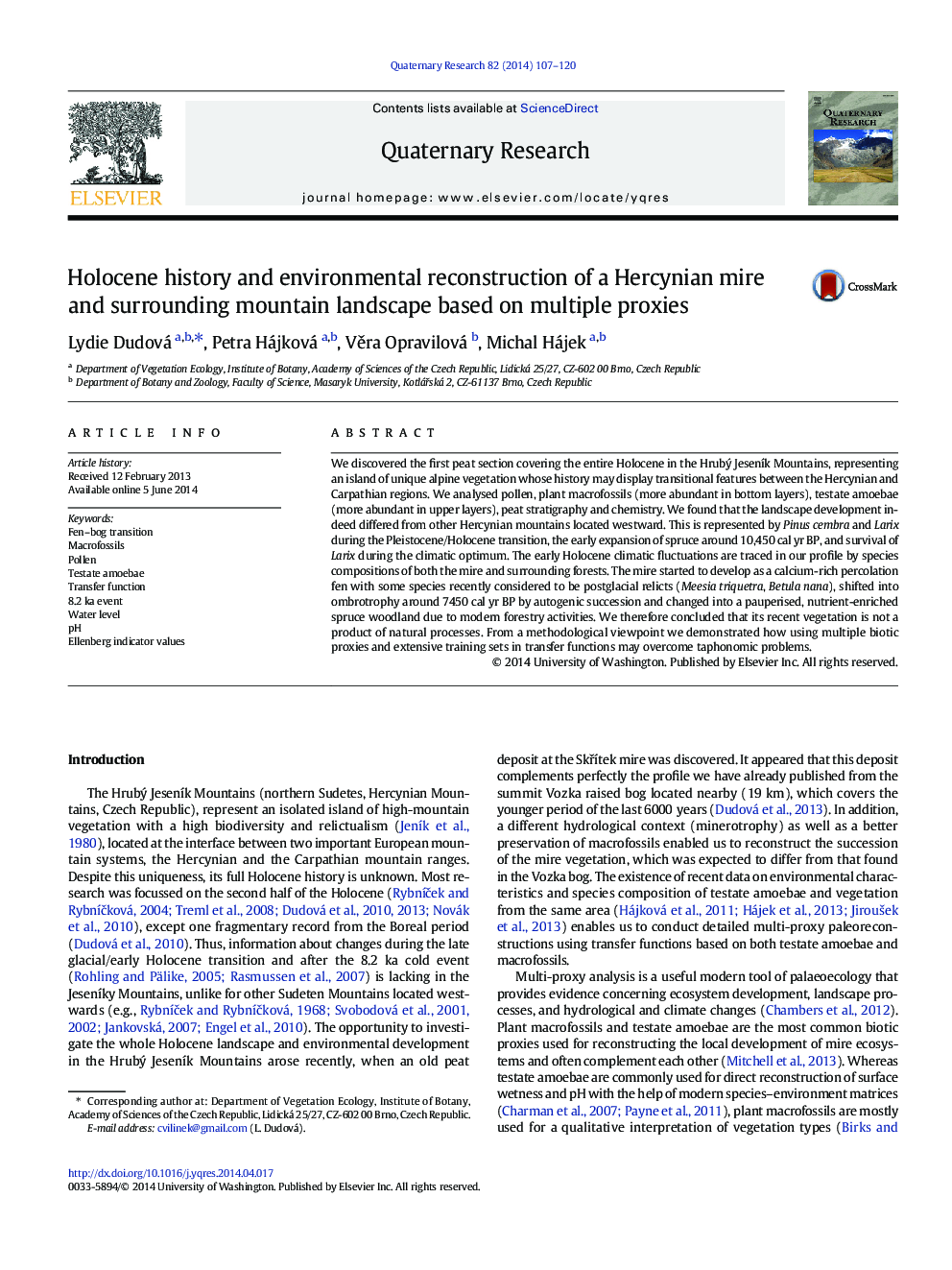 Holocene history and environmental reconstruction of a Hercynian mire and surrounding mountain landscape based on multiple proxies