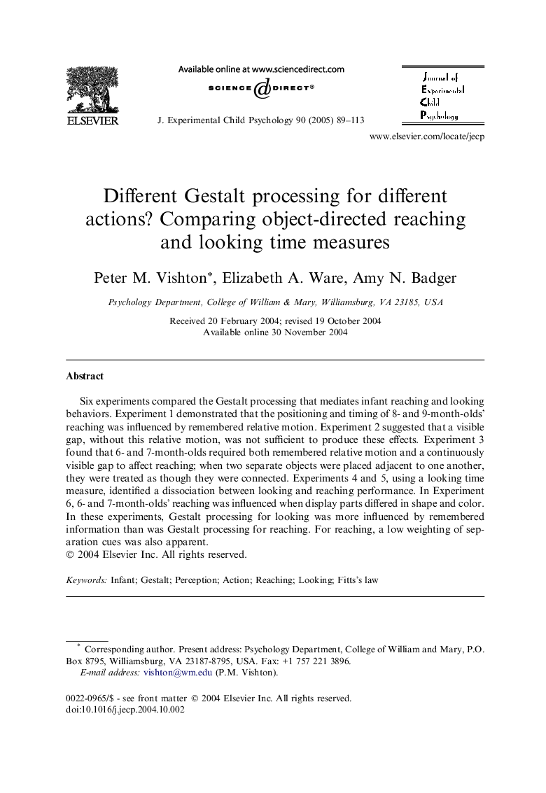 Different Gestalt processing for different actions? Comparing object-directed reaching and looking time measures