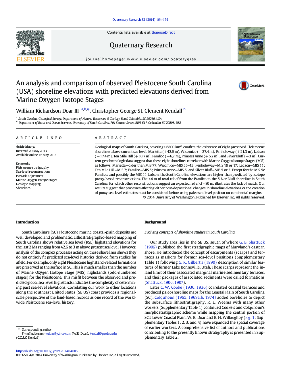 An analysis and comparison of observed Pleistocene South Carolina (USA) shoreline elevations with predicted elevations derived from Marine Oxygen Isotope Stages