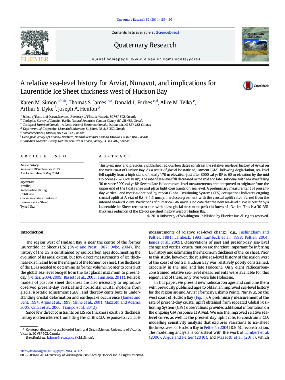 A relative sea-level history for Arviat, Nunavut, and implications for Laurentide Ice Sheet thickness west of Hudson Bay