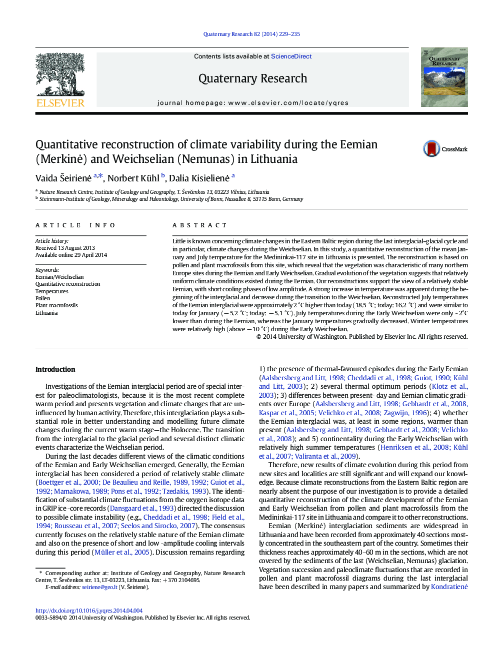 Quantitative reconstruction of climate variability during the Eemian (Merkinė) and Weichselian (Nemunas) in Lithuania