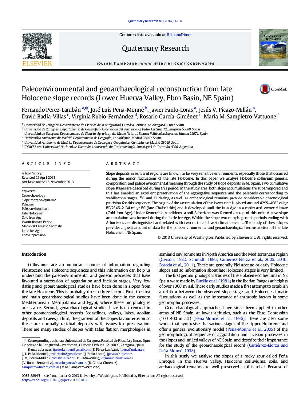 Paleoenvironmental and geoarchaeological reconstruction from late Holocene slope records (Lower Huerva Valley, Ebro Basin, NE Spain)