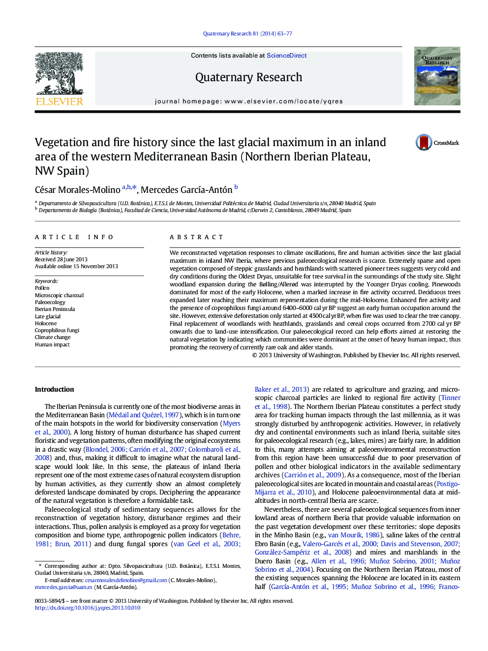 Vegetation and fire history since the last glacial maximum in an inland area of the western Mediterranean Basin (Northern Iberian Plateau, NW Spain)