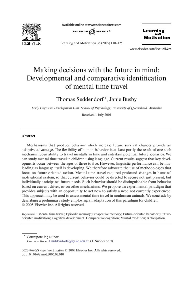 Making decisions with the future in mind: Developmental and comparative identification of mental time travel