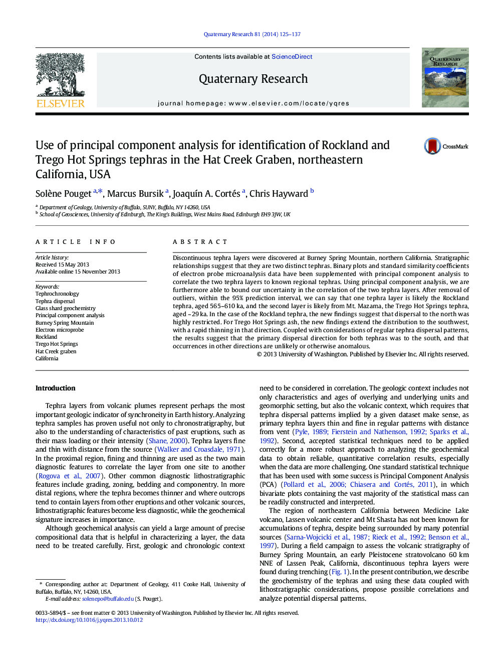 Use of principal component analysis for identification of Rockland and Trego Hot Springs tephras in the Hat Creek Graben, northeastern California, USA