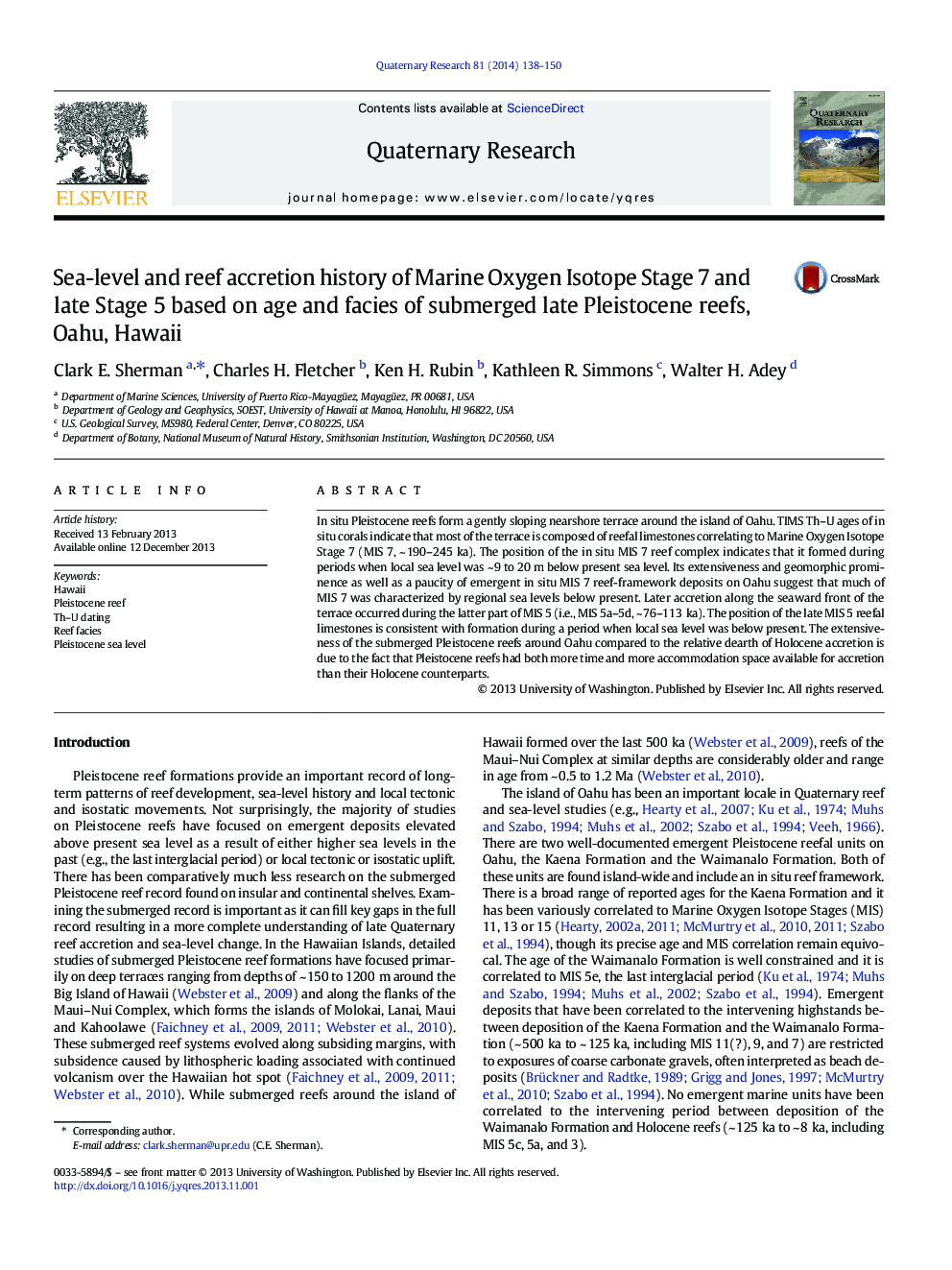 Sea-level and reef accretion history of Marine Oxygen Isotope Stage 7 and late Stage 5 based on age and facies of submerged late Pleistocene reefs, Oahu, Hawaii