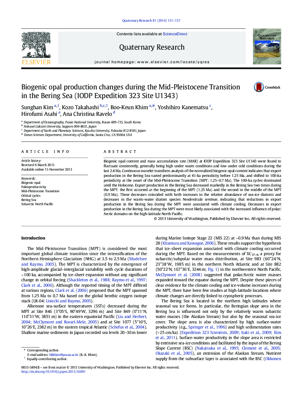 Biogenic opal production changes during the Mid-Pleistocene Transition in the Bering Sea (IODP Expedition 323 Site U1343)