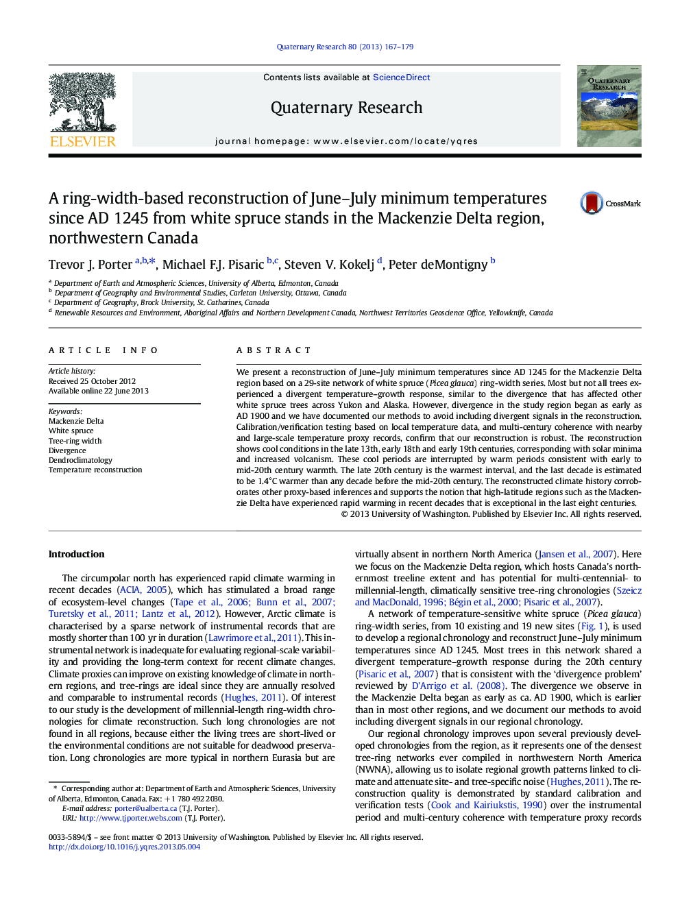 A ring-width-based reconstruction of June–July minimum temperatures since AD 1245 from white spruce stands in the Mackenzie Delta region, northwestern Canada