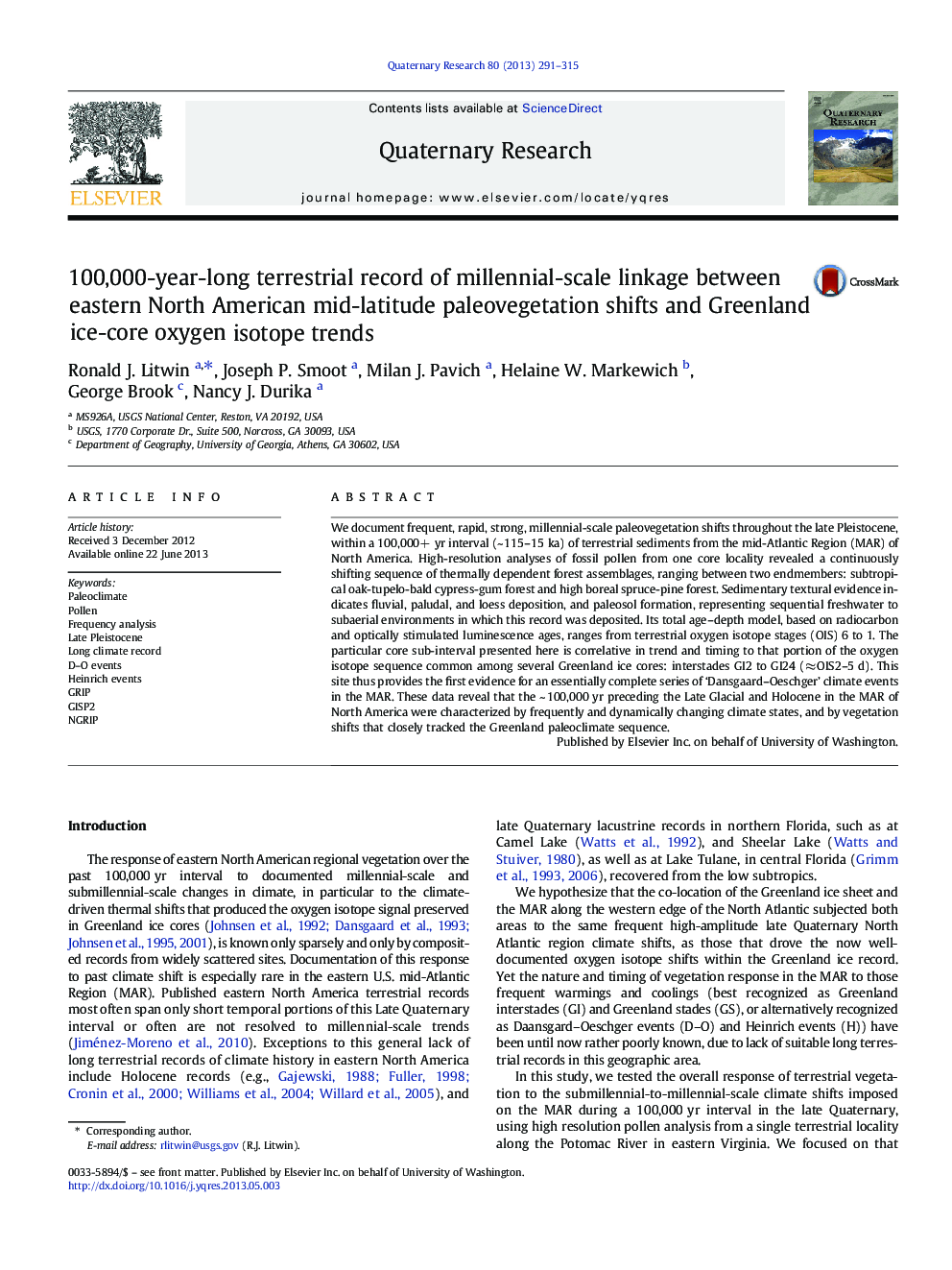 100,000-year-long terrestrial record of millennial-scale linkage between eastern North American mid-latitude paleovegetation shifts and Greenland ice-core oxygen isotope trends