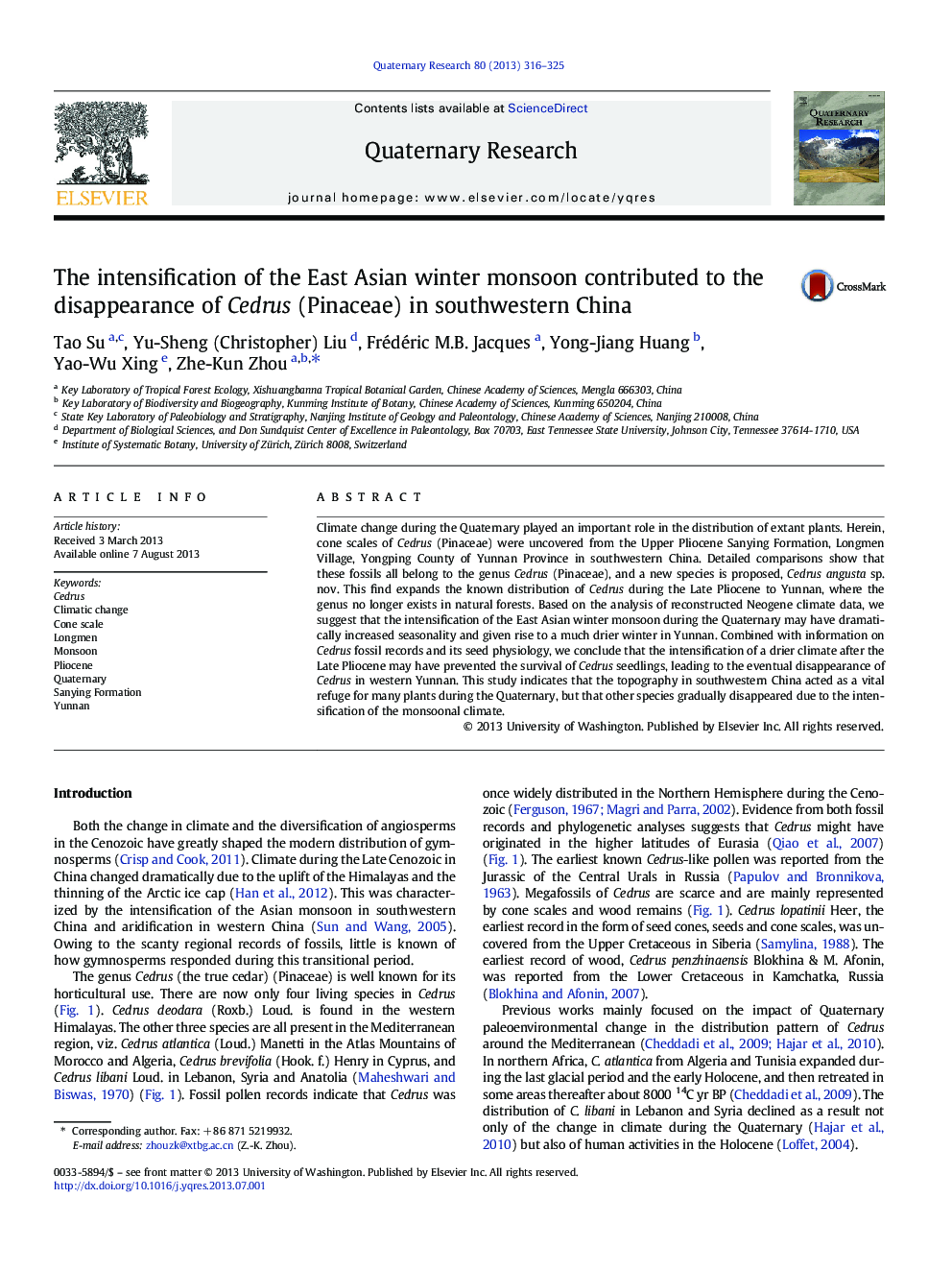 The intensification of the East Asian winter monsoon contributed to the disappearance of Cedrus (Pinaceae) in southwestern China