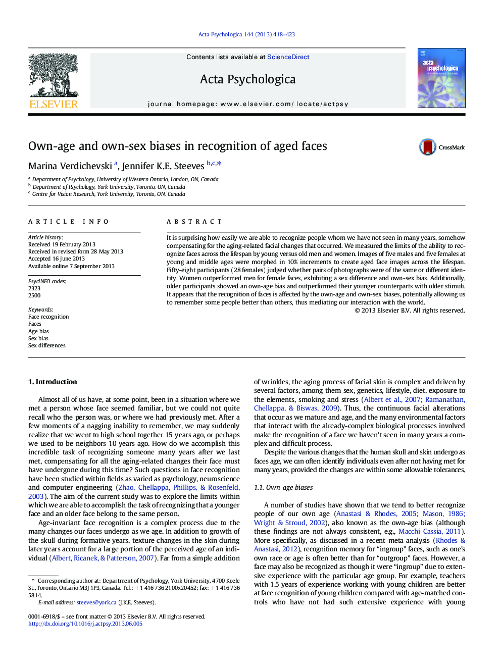 Own-age and own-sex biases in recognition of aged faces