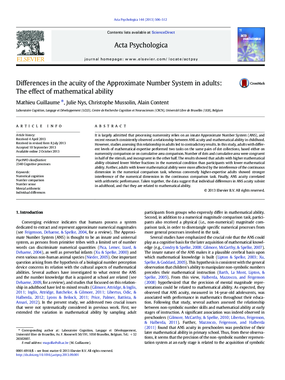 Differences in the acuity of the Approximate Number System in adults: The effect of mathematical ability