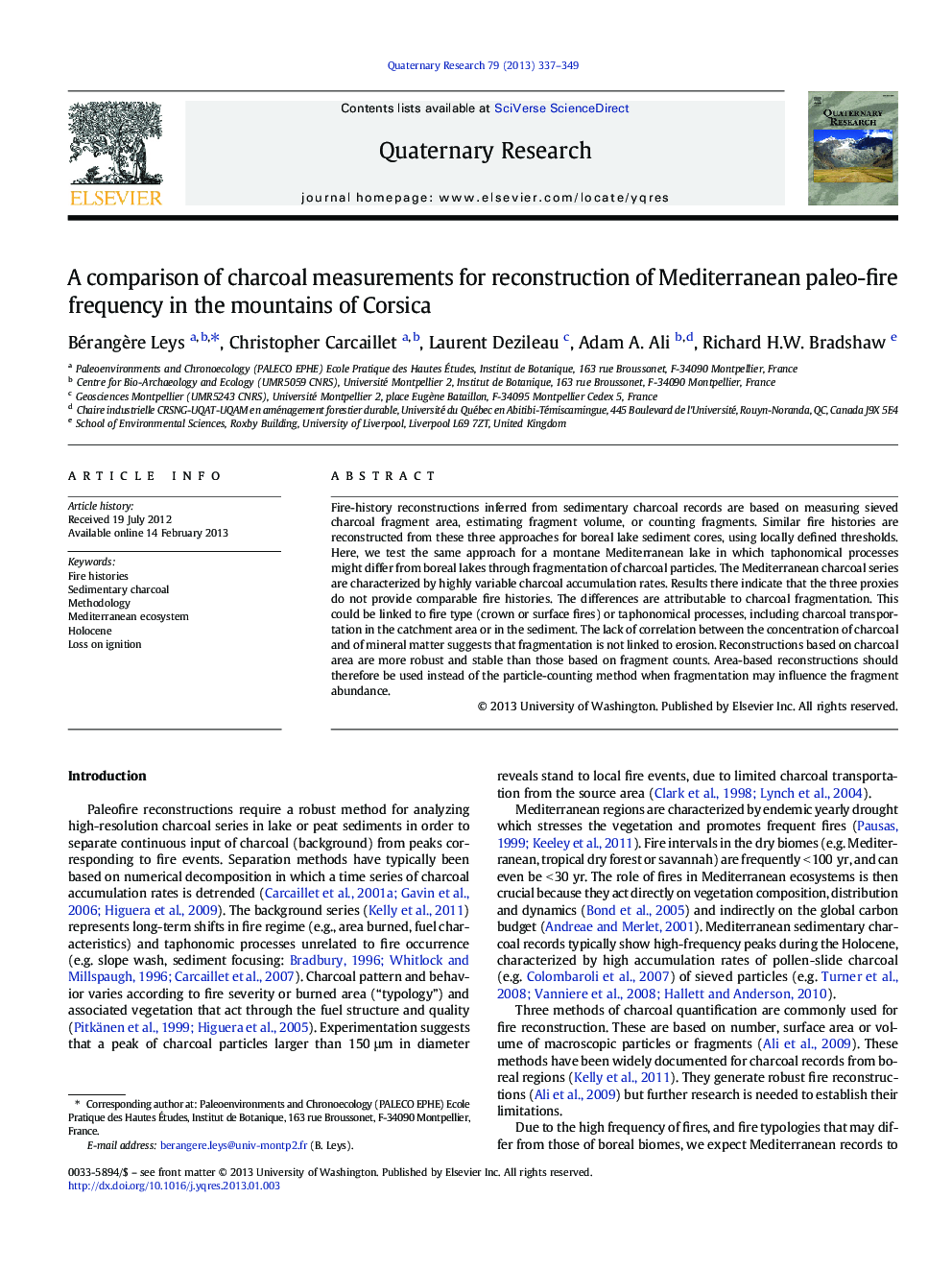 A comparison of charcoal measurements for reconstruction of Mediterranean paleo-fire frequency in the mountains of Corsica