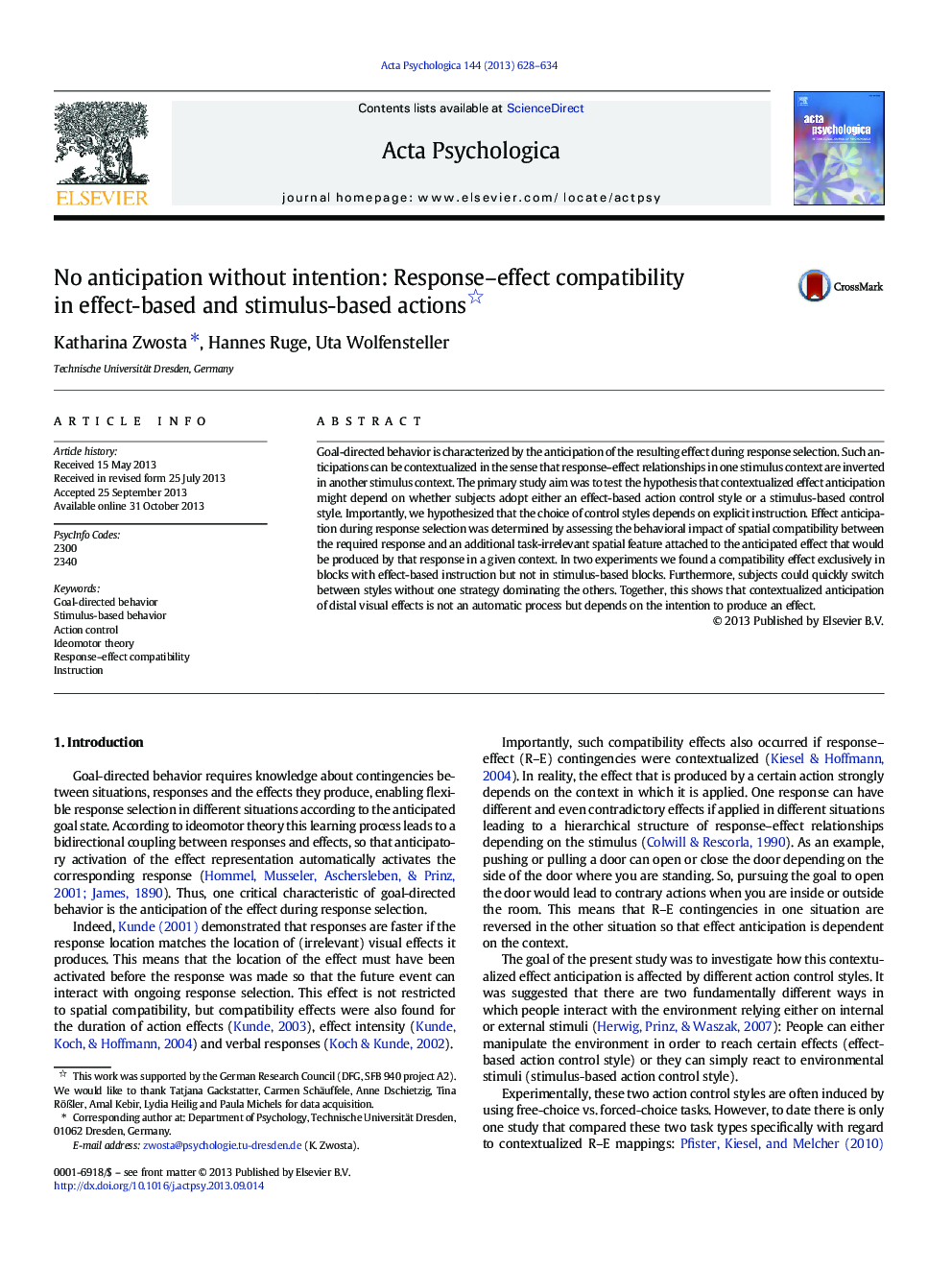 No anticipation without intention: Response-effect compatibility in effect-based and stimulus-based actions