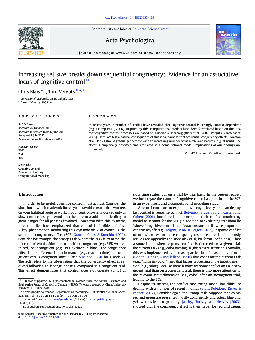 Increasing set size breaks down sequential congruency: Evidence for an associative locus of cognitive control