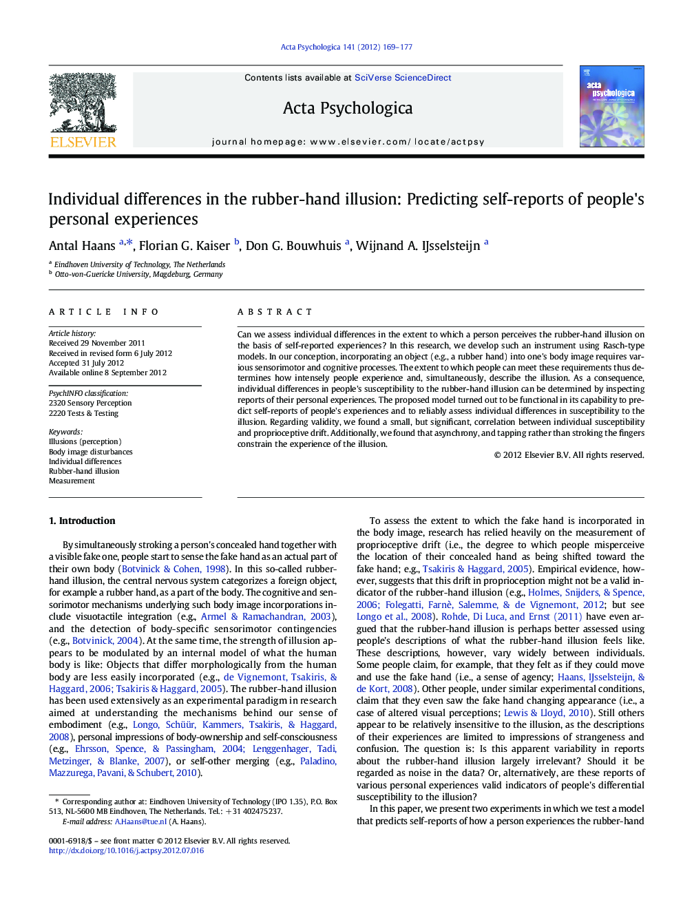 Individual differences in the rubber-hand illusion: Predicting self-reports of people's personal experiences