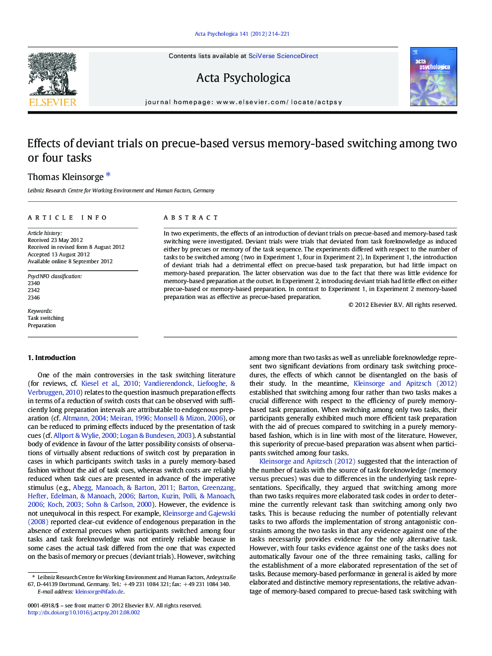 Effects of deviant trials on precue-based versus memory-based switching among two or four tasks