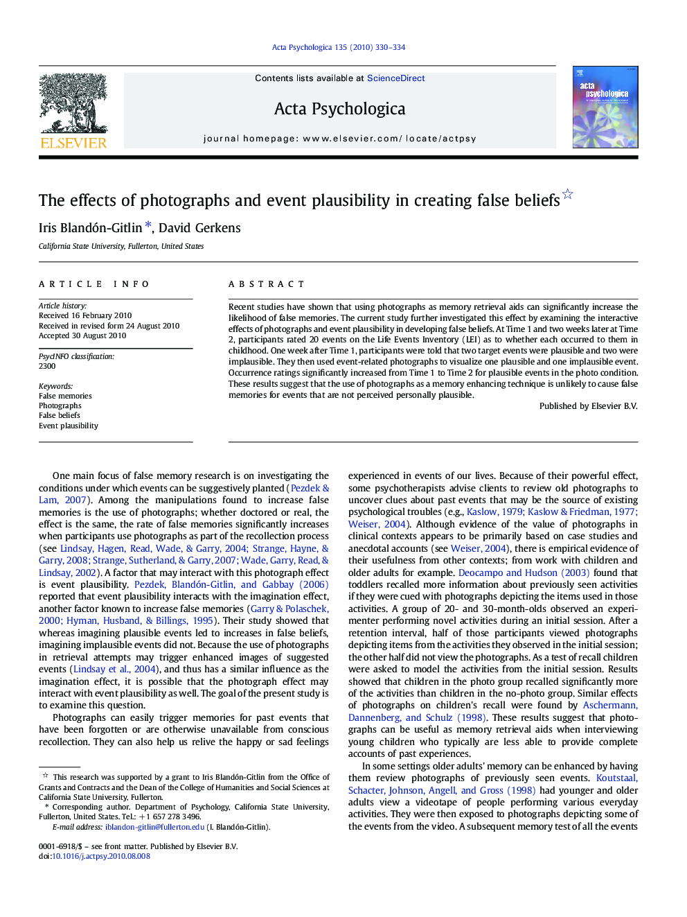 The effects of photographs and event plausibility in creating false beliefs