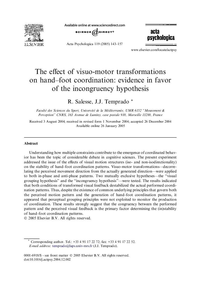 The effect of visuo-motor transformations on hand-foot coordination: evidence in favor of the incongruency hypothesis