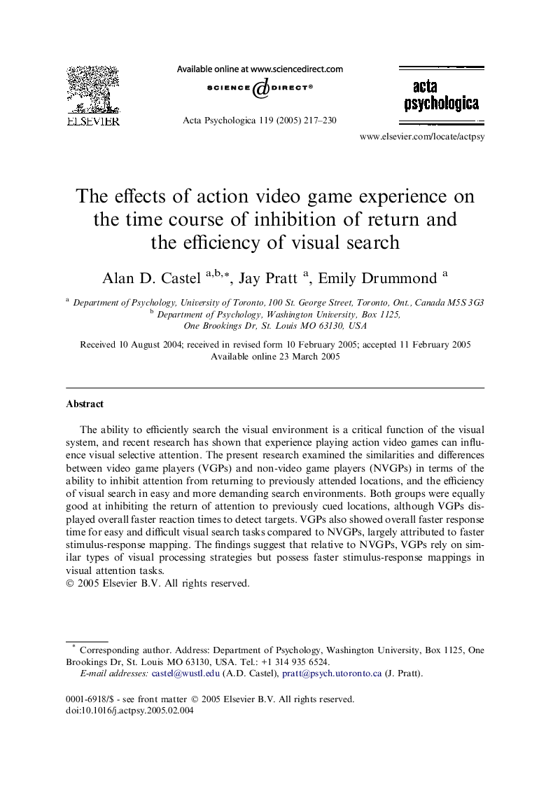 The effects of action video game experience on the time course of inhibition of return and the efficiency of visual search