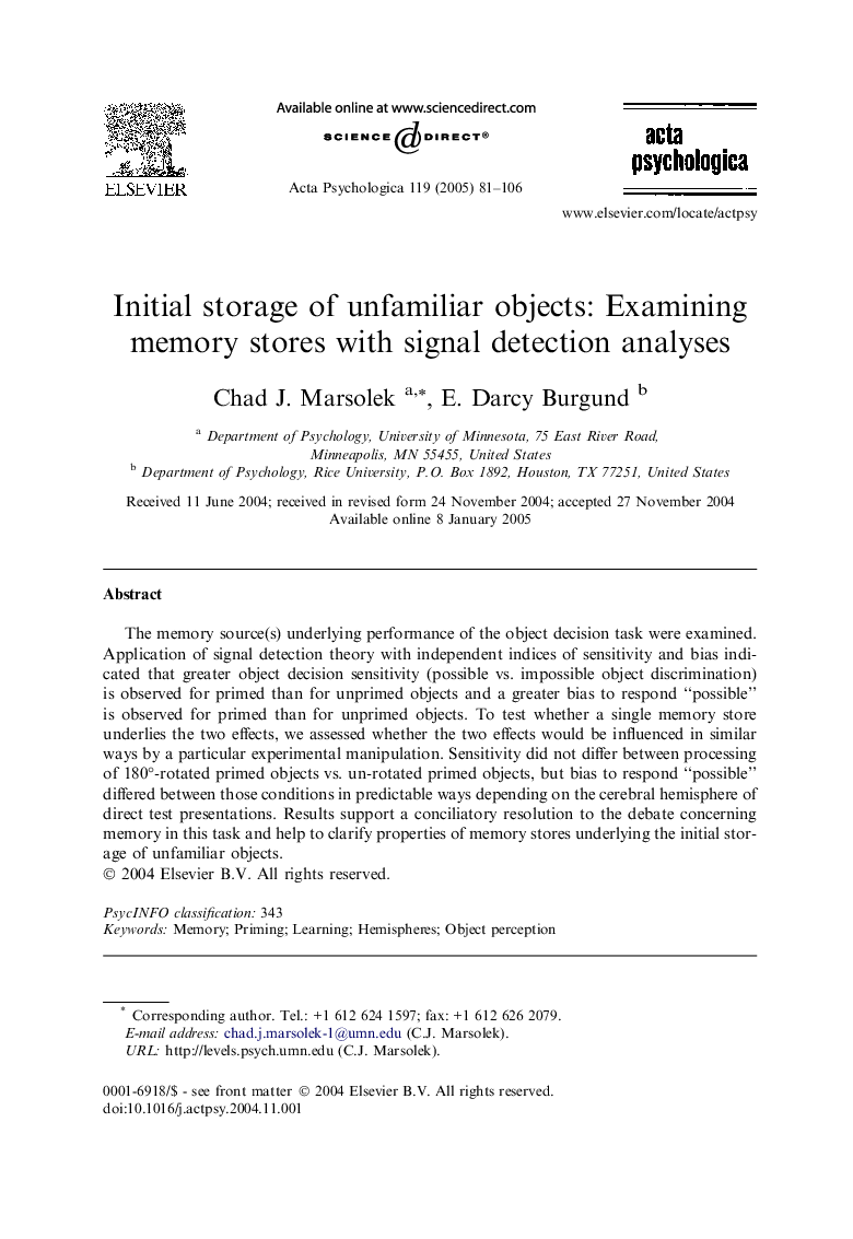 Initial storage of unfamiliar objects: Examining memory stores with signal detection analyses