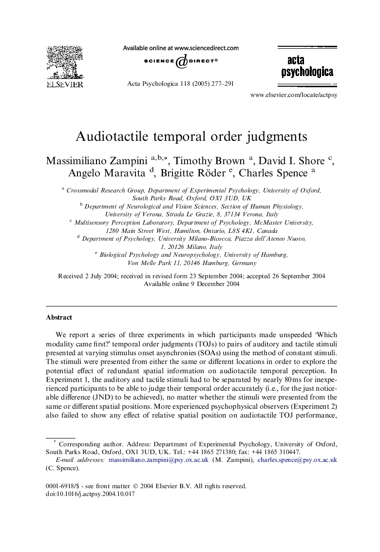 Audiotactile temporal order judgments