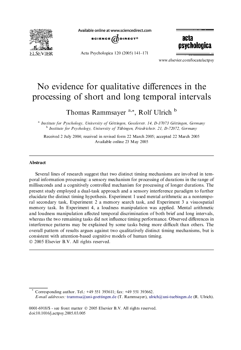 No evidence for qualitative differences in the processing of short and long temporal intervals