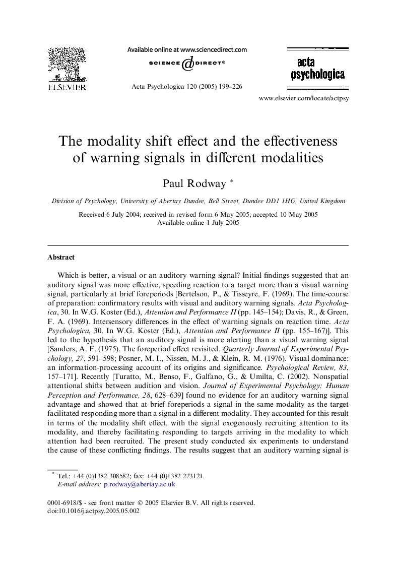 The modality shift effect and the effectiveness of warning signals in different modalities