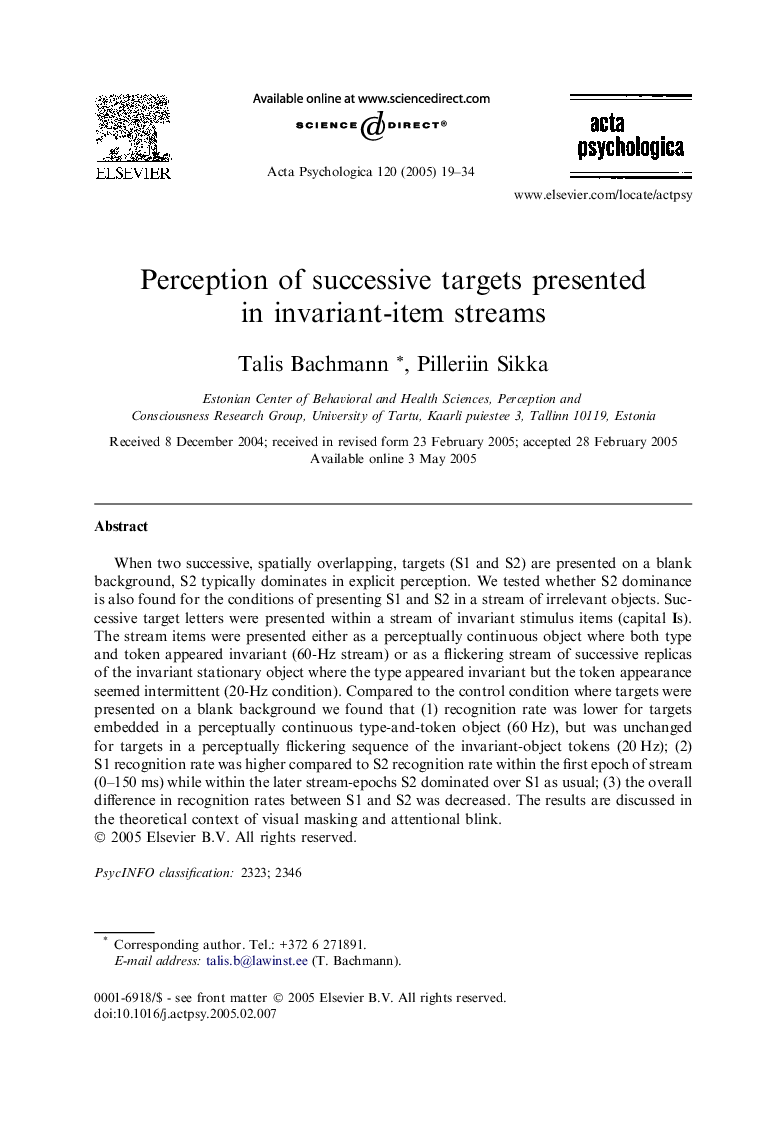 Perception of successive targets presented in invariant-item streams