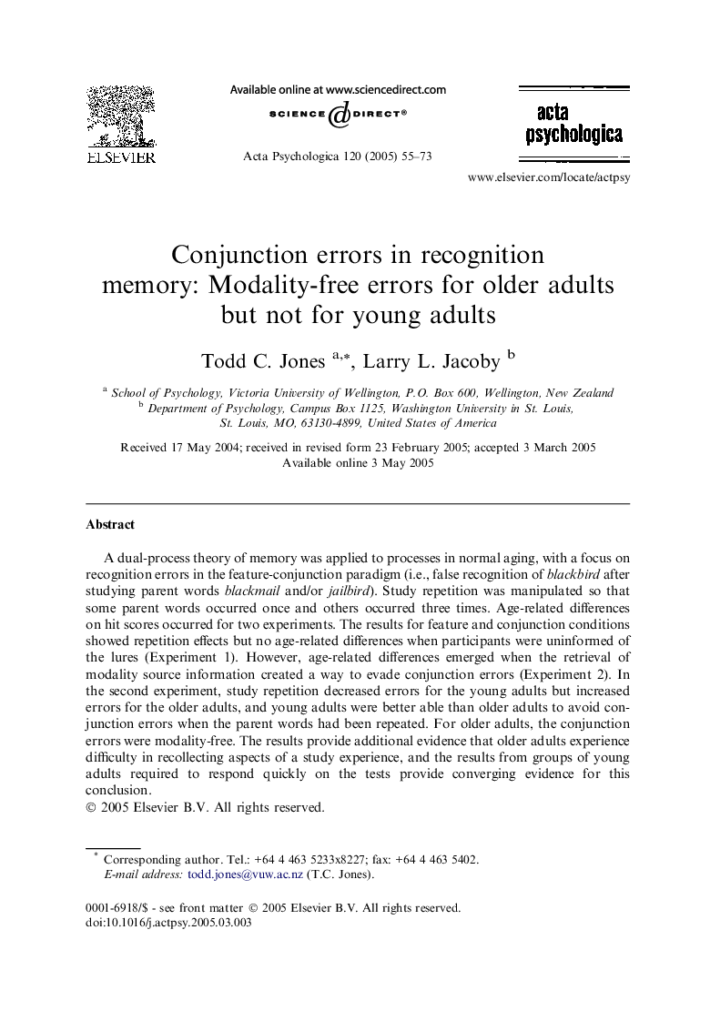 Conjunction errors in recognition memory: Modality-free errors for older adults but not for young adults