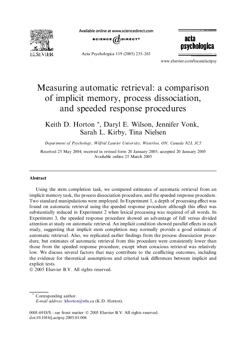Measuring automatic retrieval: a comparison of implicit memory, process dissociation, and speeded response procedures