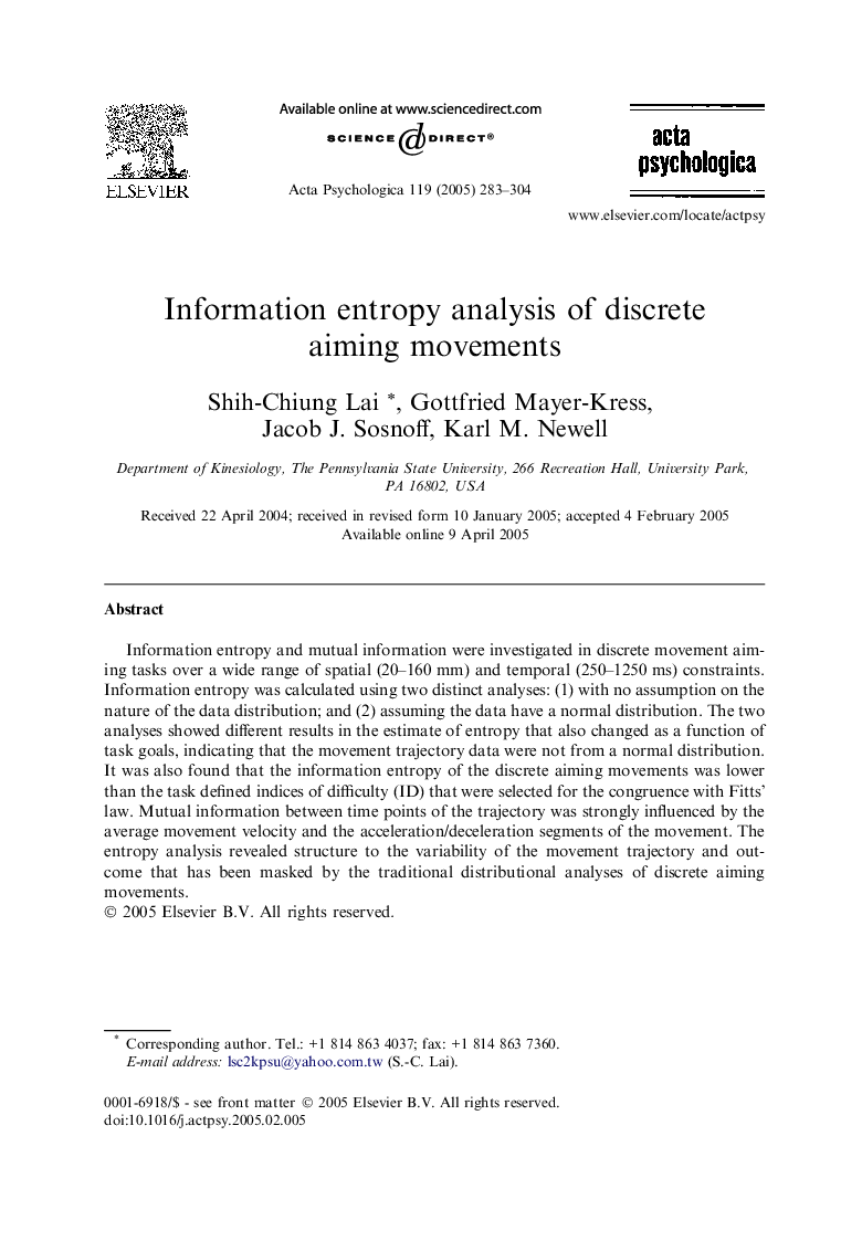 Information entropy analysis of discrete aiming movements