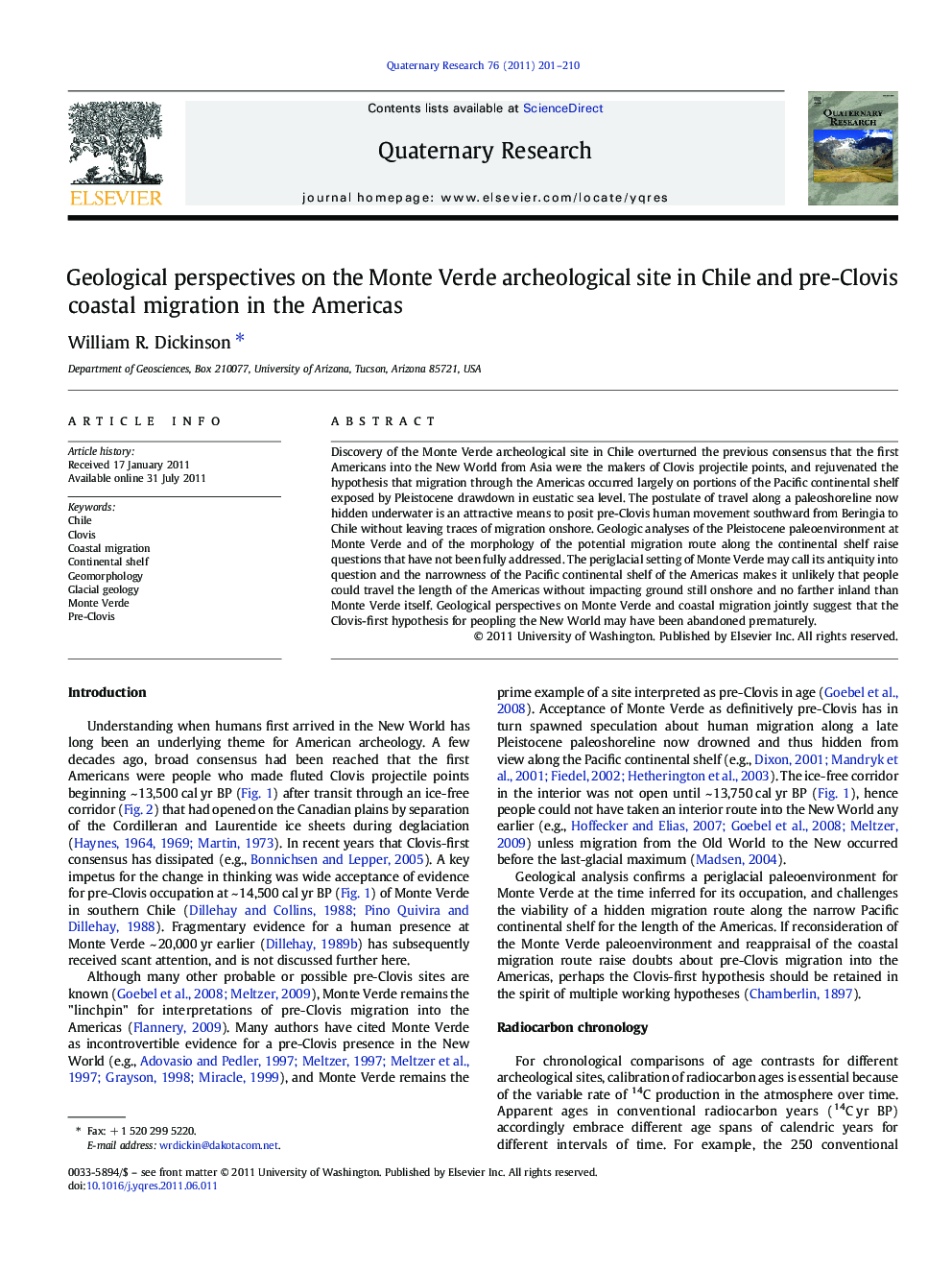 Geological perspectives on the Monte Verde archeological site in Chile and pre-Clovis coastal migration in the Americas