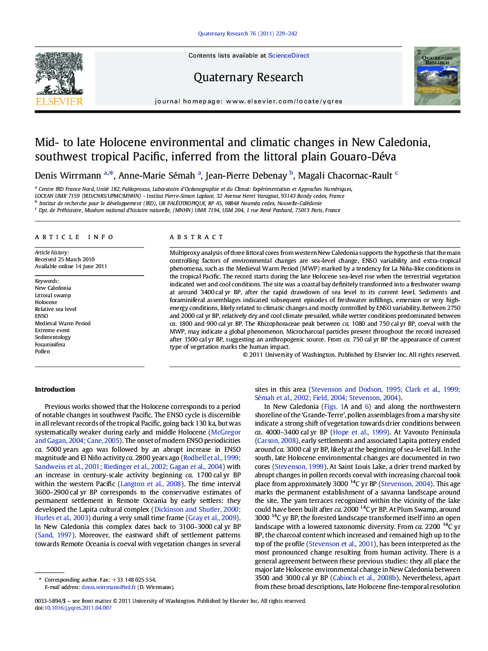 Mid- to late Holocene environmental and climatic changes in New Caledonia, southwest tropical Pacific, inferred from the littoral plain Gouaro-Déva